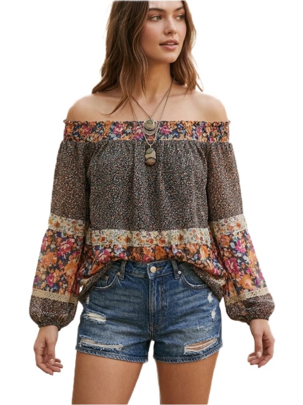 NWT Fei by Anthropologie Off Shoulder Bohemian Floral Blouse Size M